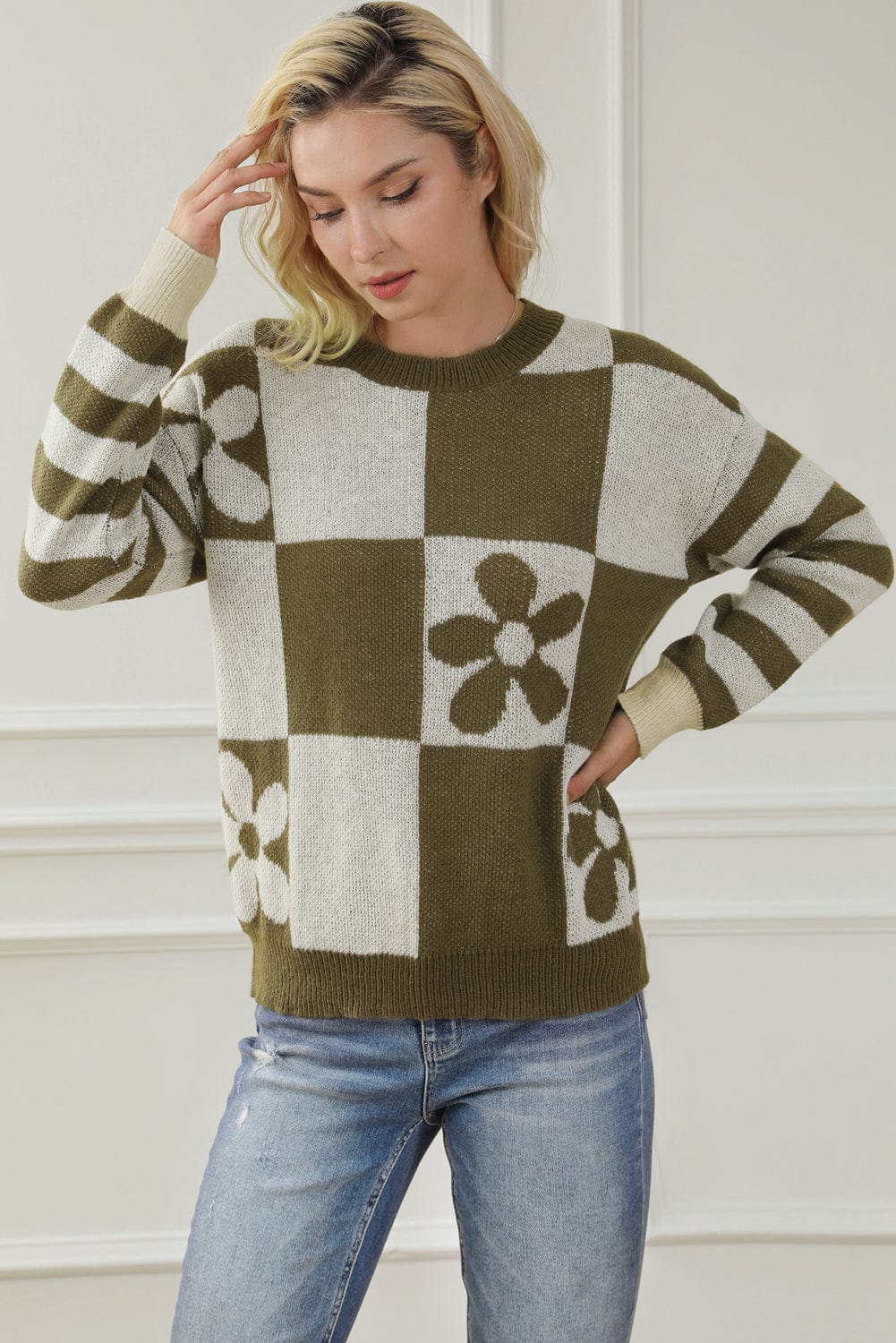 stylub Contrast Round Neck Long Sleeve Sweater