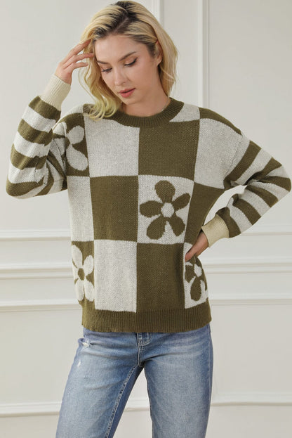 stylub Contrast Round Neck Long Sleeve Sweater