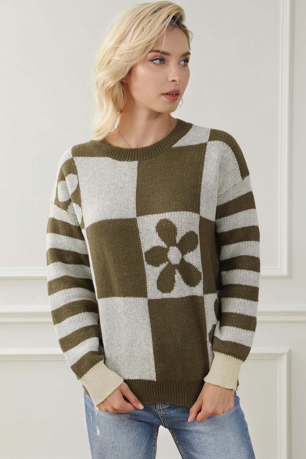stylub Contrast Round Neck Long Sleeve Sweater