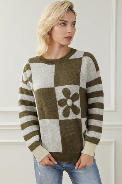 stylub Contrast Round Neck Long Sleeve Sweater