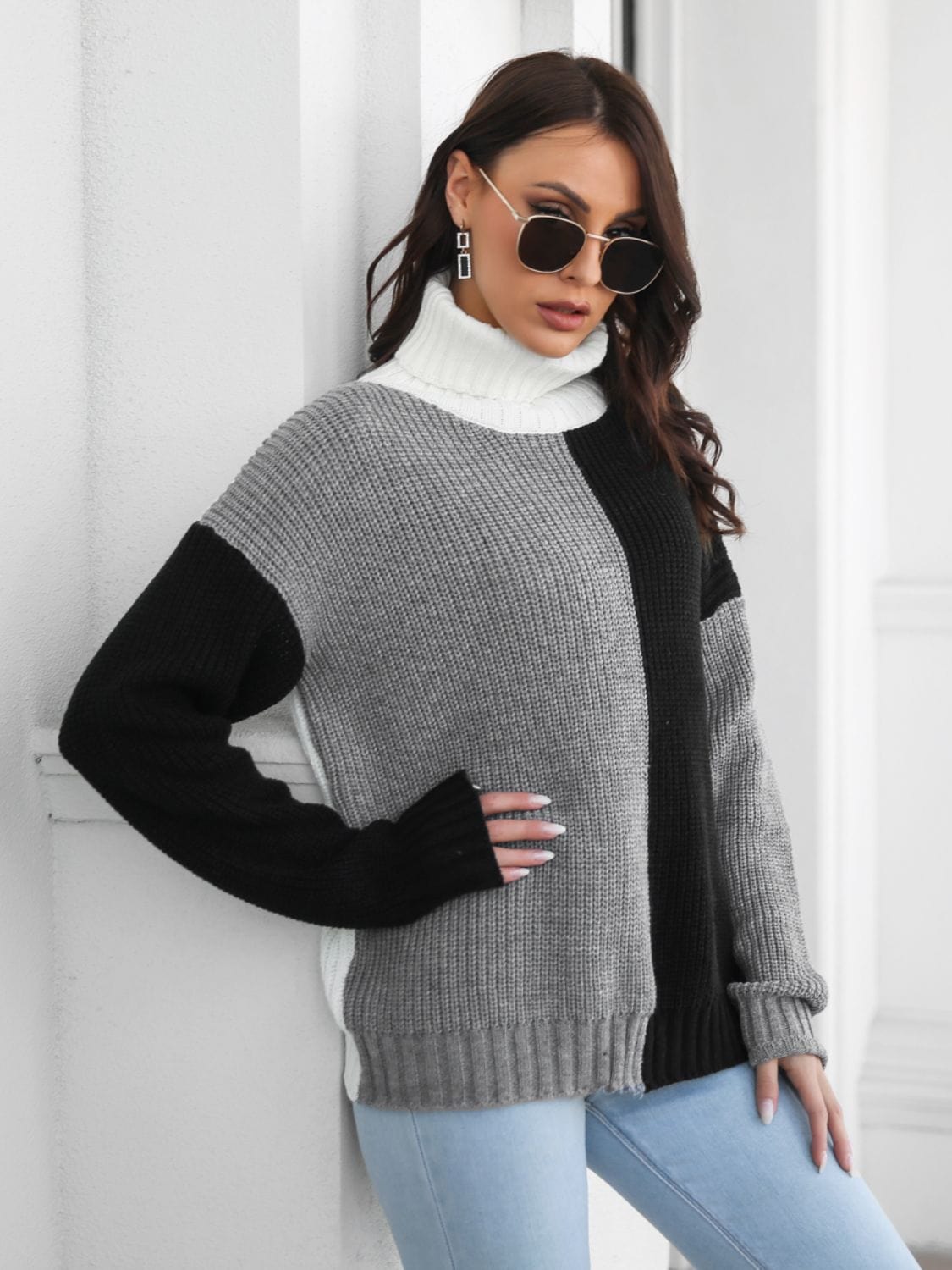 stylub Contrast Turtleneck Long Sleeve Sweater