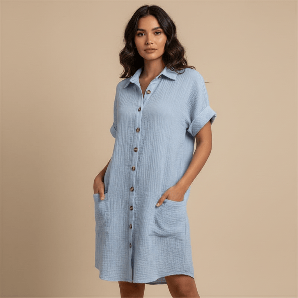 Stylub Damesknoopjes Kort mouw Pocket Casual shirt jurk
