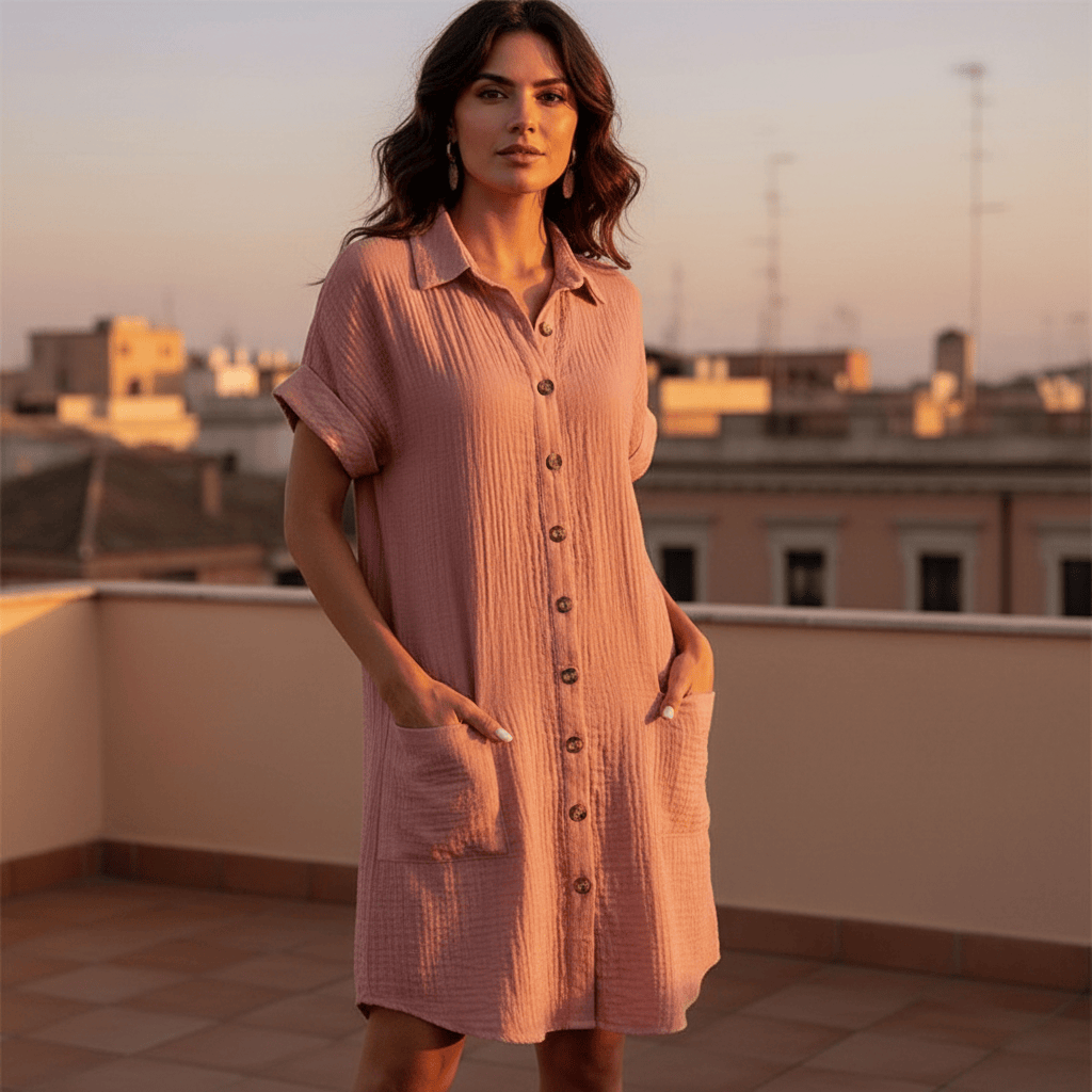 Stylub Damesknoopjes Kort mouw Pocket Casual shirt jurk