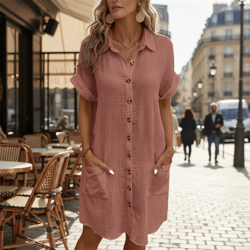 Stylub Damesknoopjes Kort mouw Pocket Casual shirt jurk