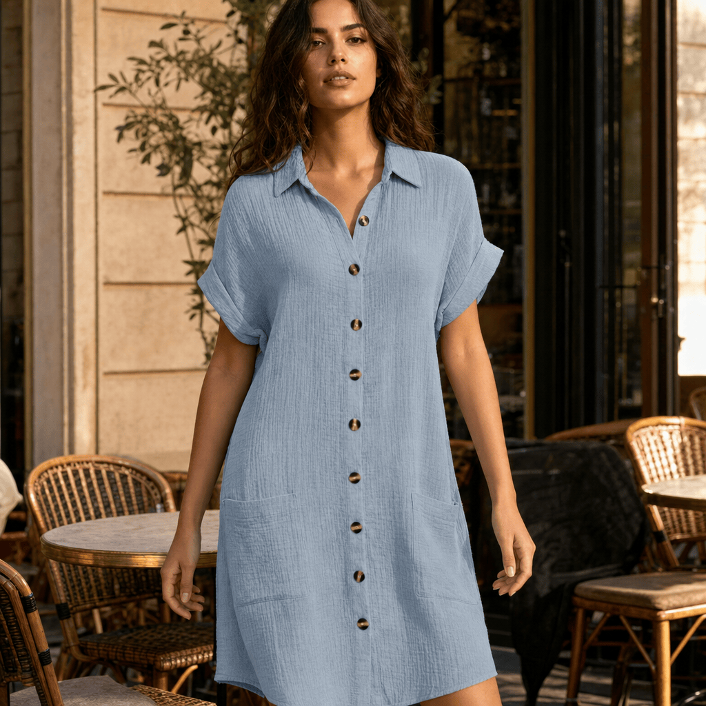 Stylub Damesknoopjes Kort mouw Pocket Casual shirt jurk (Copy)