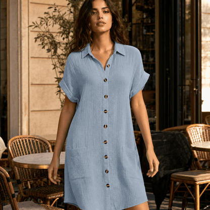 Stylub Damesknoopjes Kort mouw Pocket Casual shirt jurk (Copy)