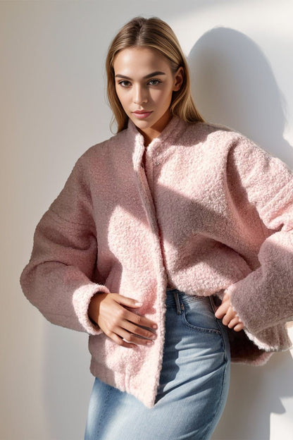 stylub Double Take Plush Mock Neck Snap Down Jacket with Pockets