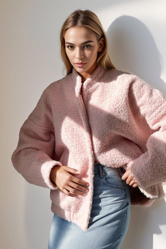 stylub Double Take Plush Mock Neck Snap Down Jacket with Pockets