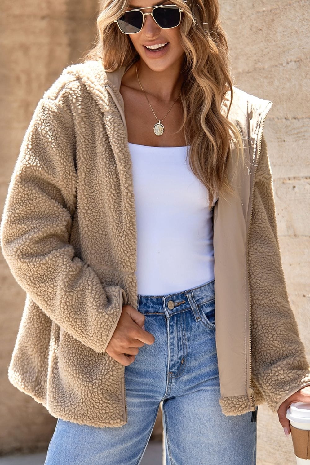 stylub Drawstring Fleece Zip Up Hooded Jacket