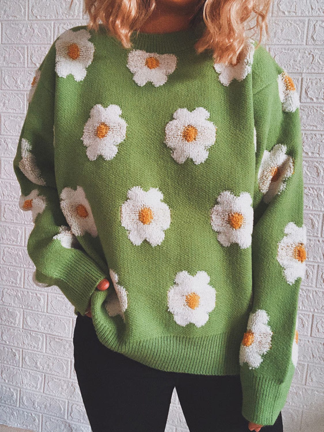 stylub Flower Round Neck Long Sleeve Sweater