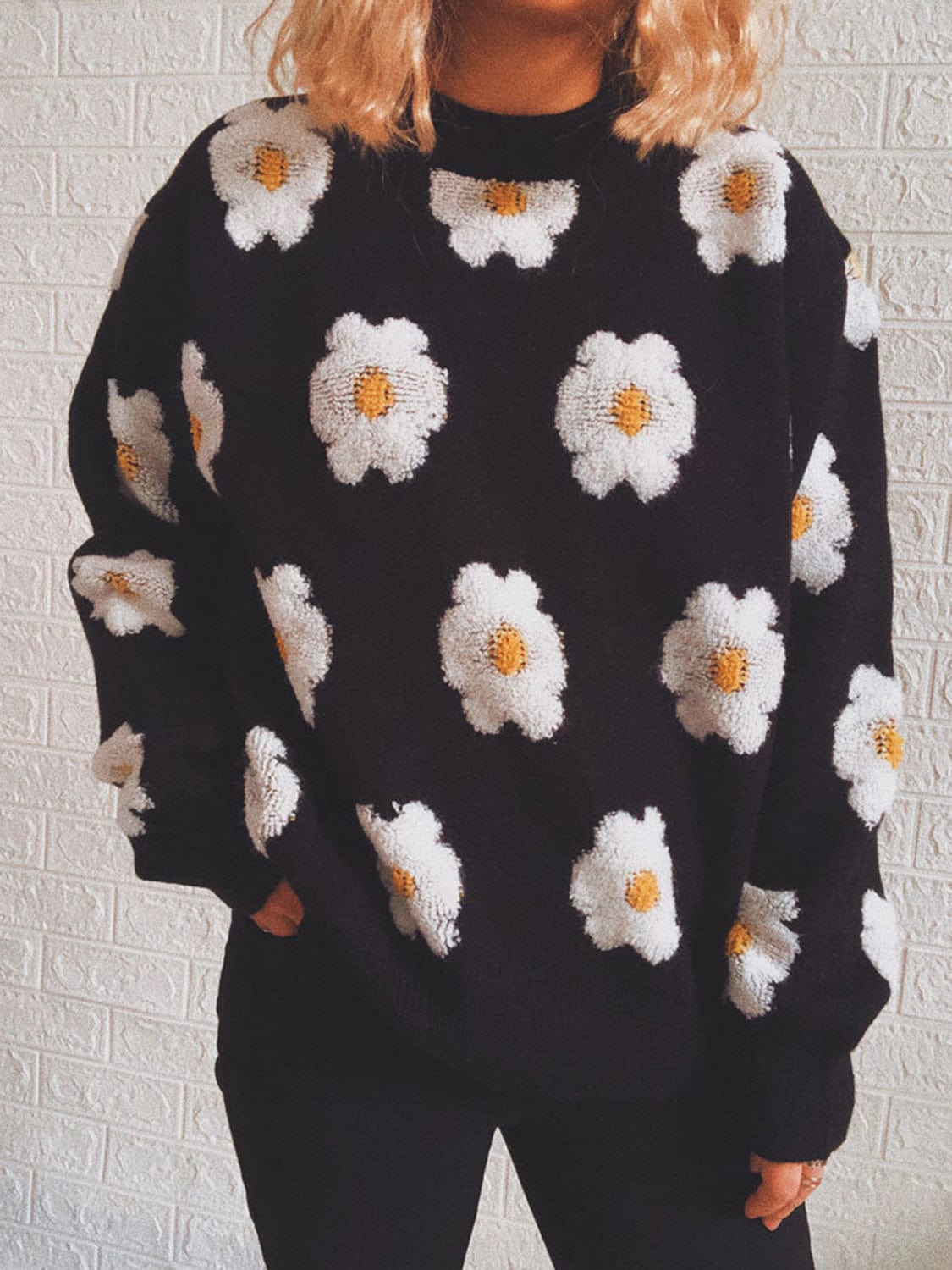 stylub Flower Round Neck Long Sleeve Sweater