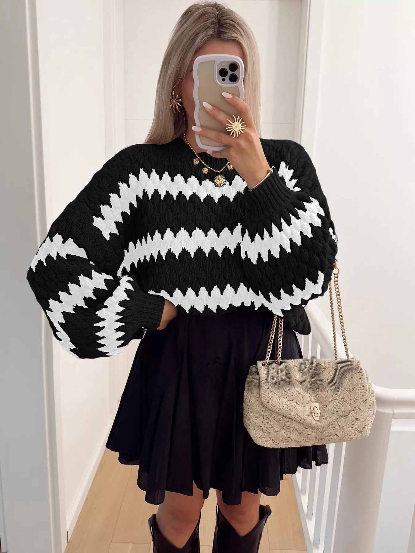 Stylub Full Size Textured Striped Round Neck Sweater Plus Size