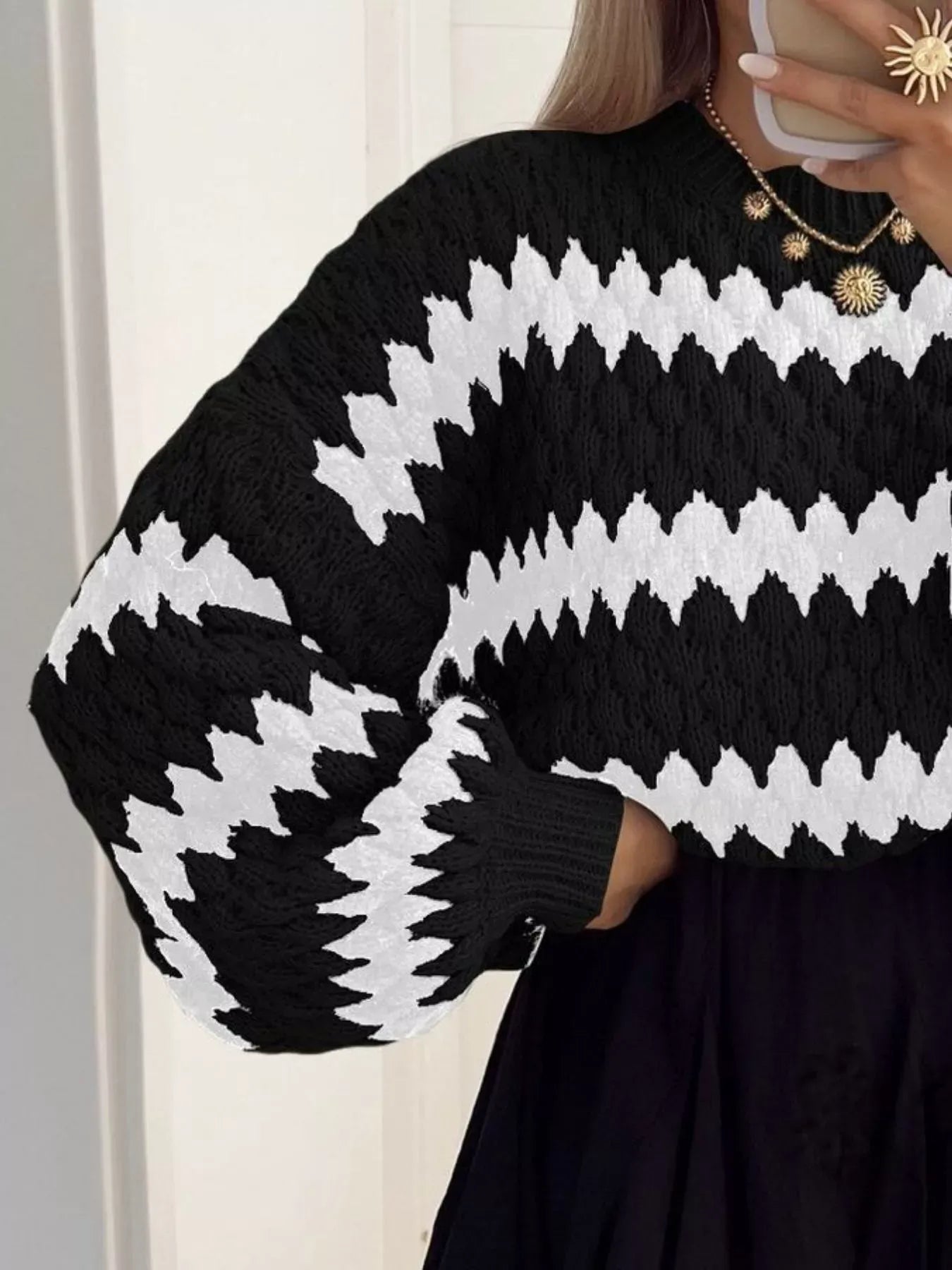 Stylub Full Size Textured Striped Round Neck Sweater Plus Size