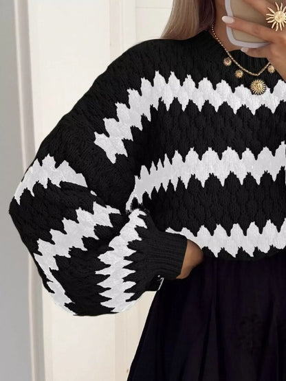 Stylub Full Size Textured Striped Round Neck Sweater Plus Size