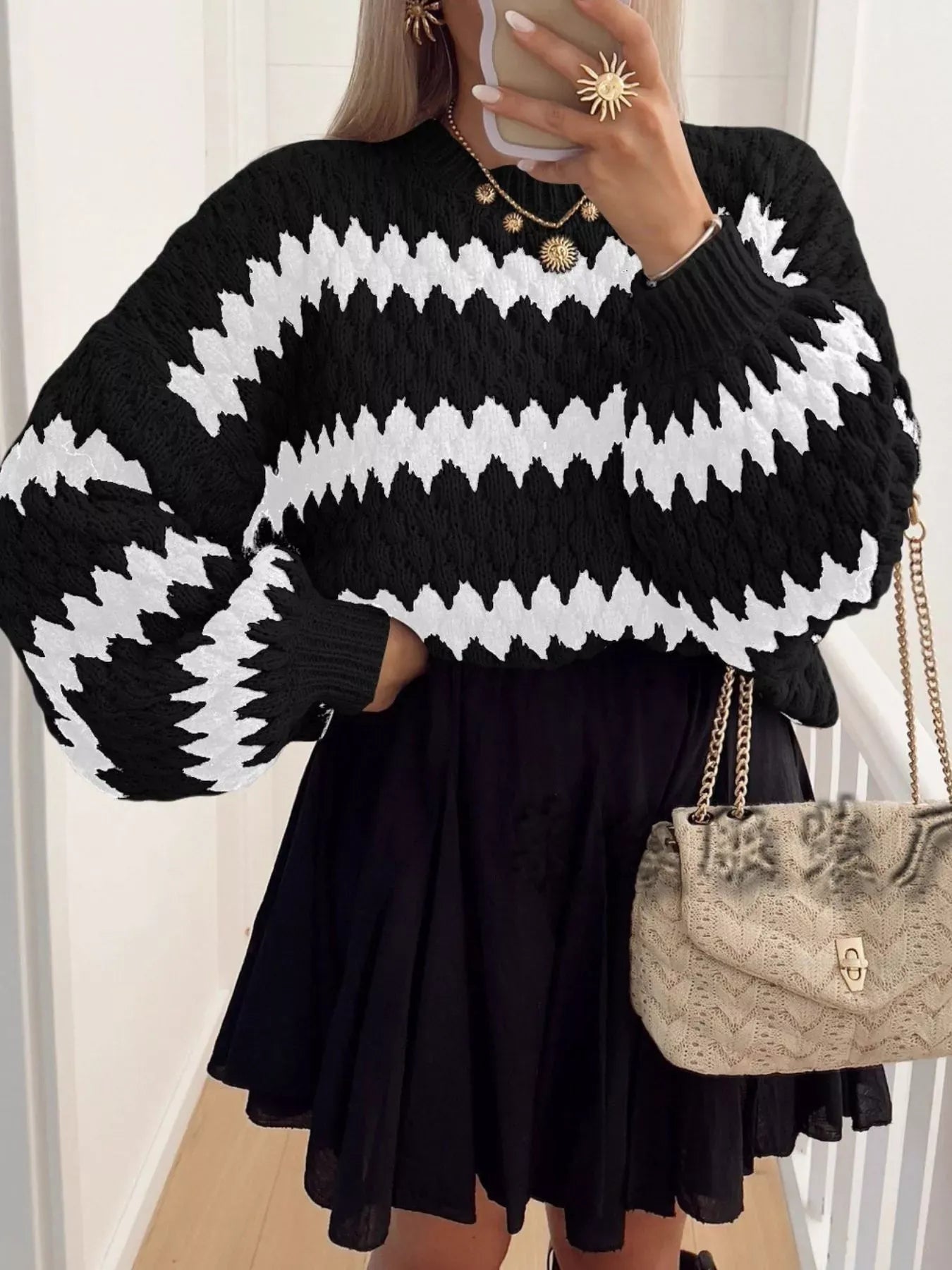 Stylub Full Size Textured Striped Round Neck Sweater Plus Size