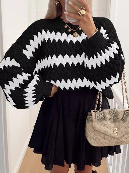 Stylub Full Size Textured Striped Round Neck Sweater Plus Size