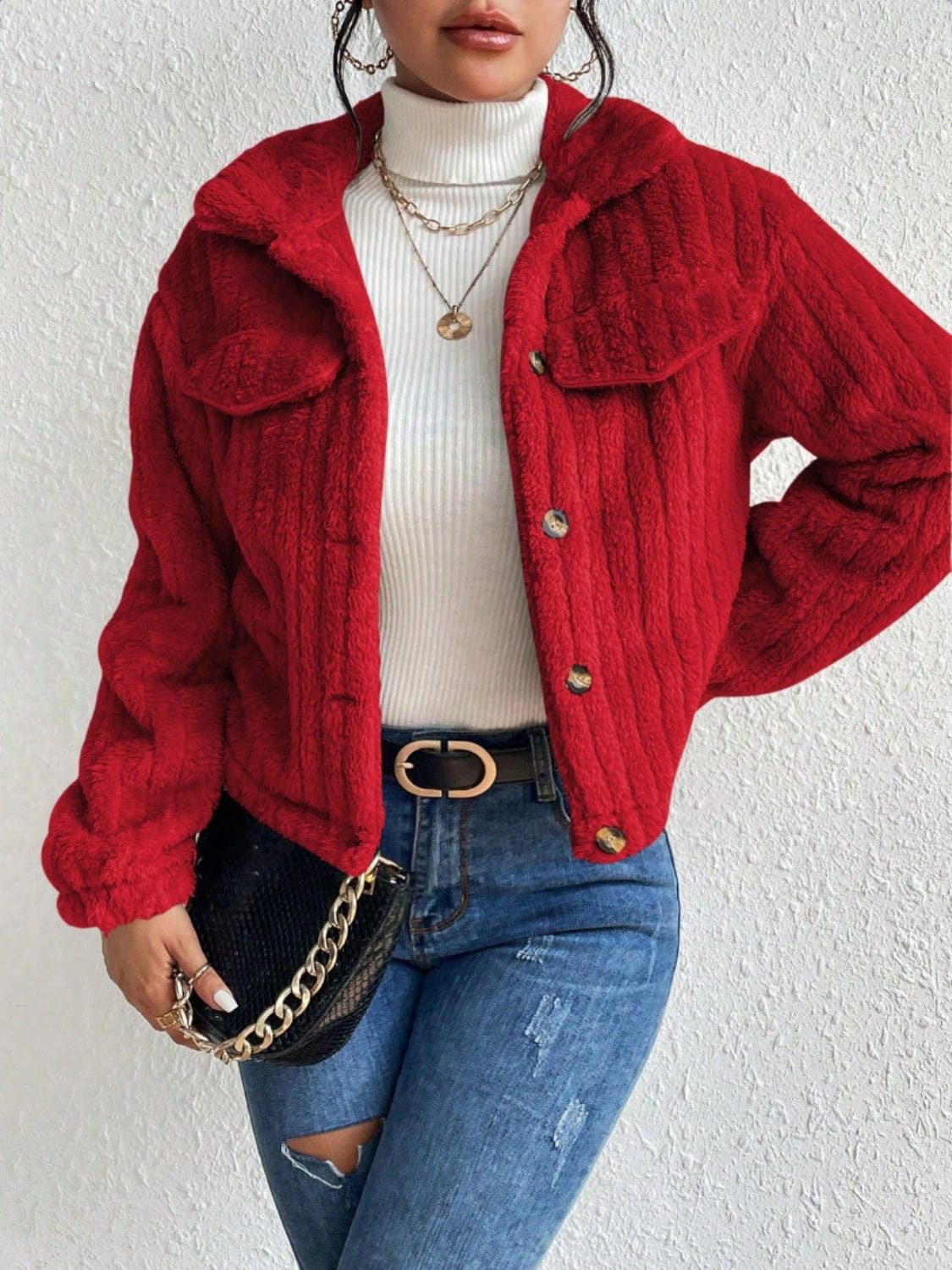 stylub Fuzzy Button Up Collared Neck Jacket