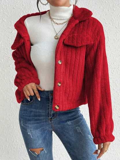 stylub Fuzzy Button Up Collared Neck Jacket