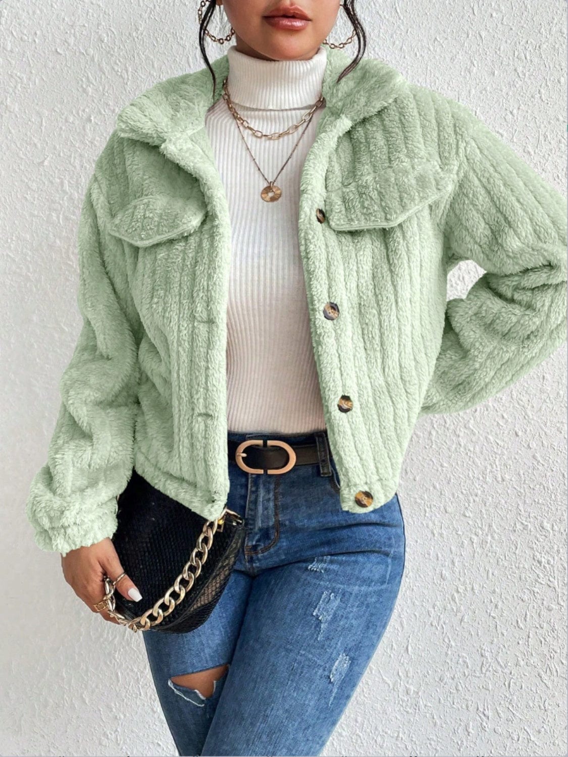 stylub Fuzzy Button Up Collared Neck Jacket