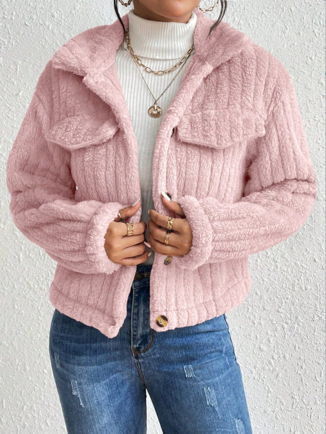 stylub Fuzzy Button Up Collared Neck Jacket