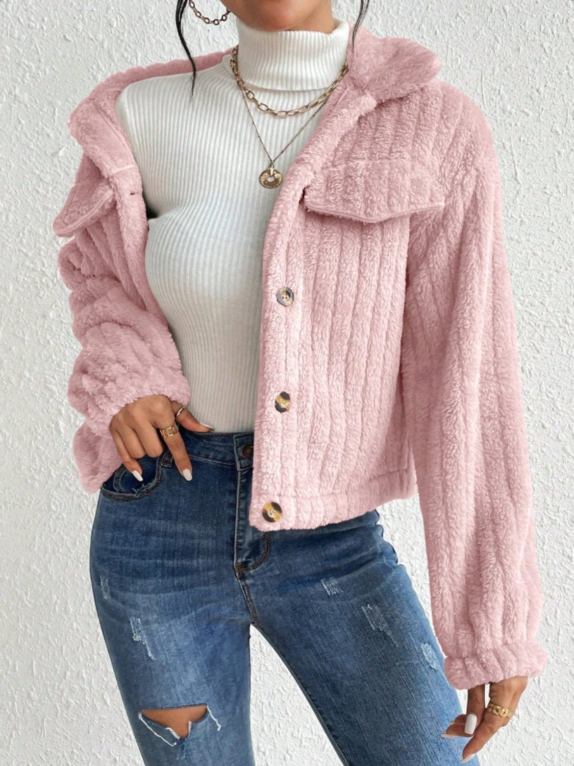 stylub Fuzzy Button Up Collared Neck Jacket