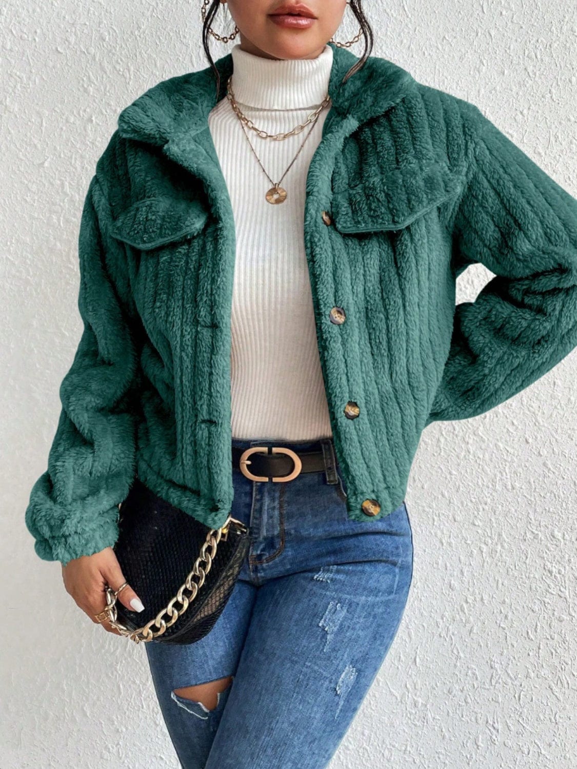stylub Fuzzy Button Up Collared Neck Jacket