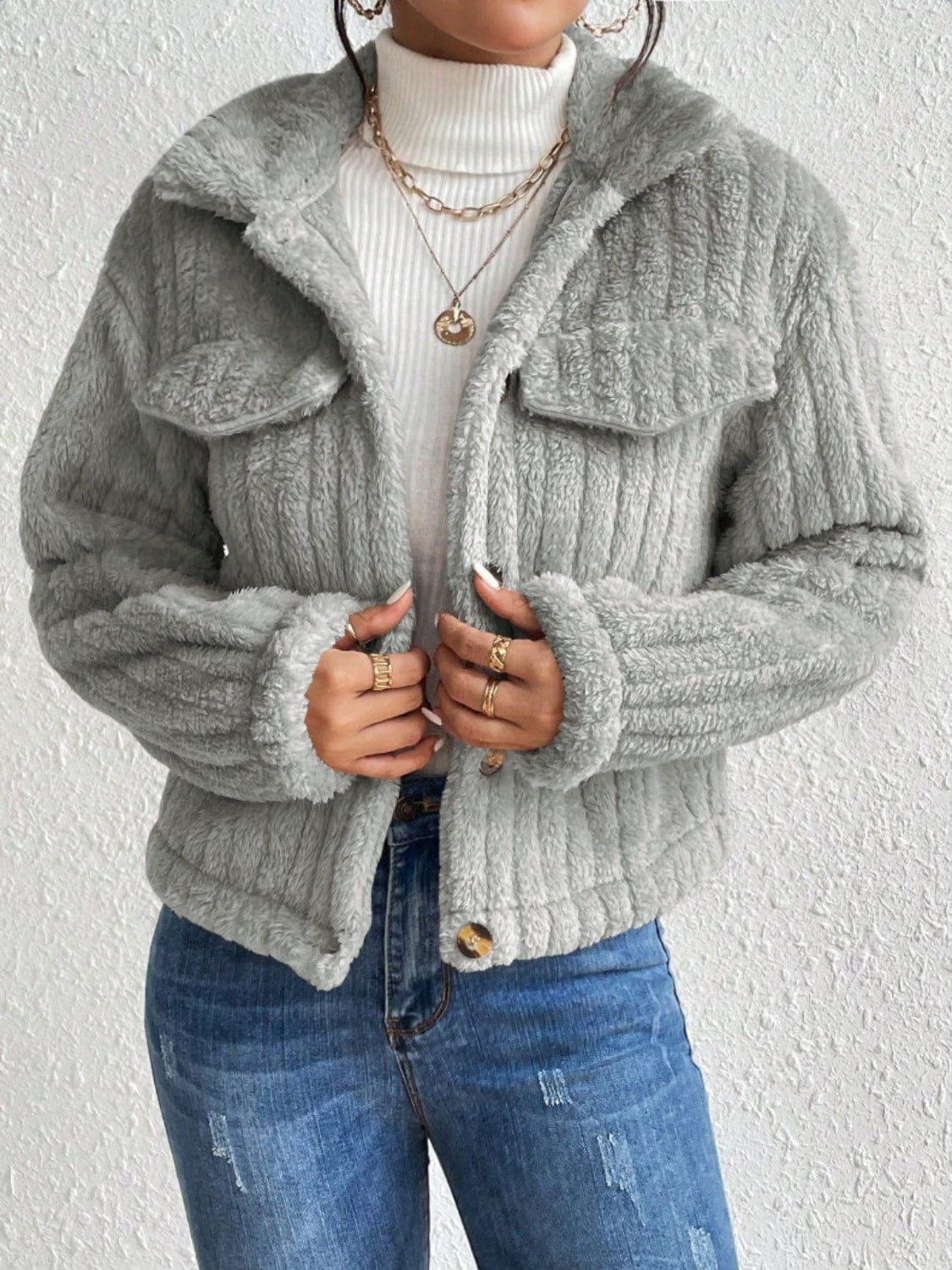 stylub Fuzzy Button Up Collared Neck Jacket