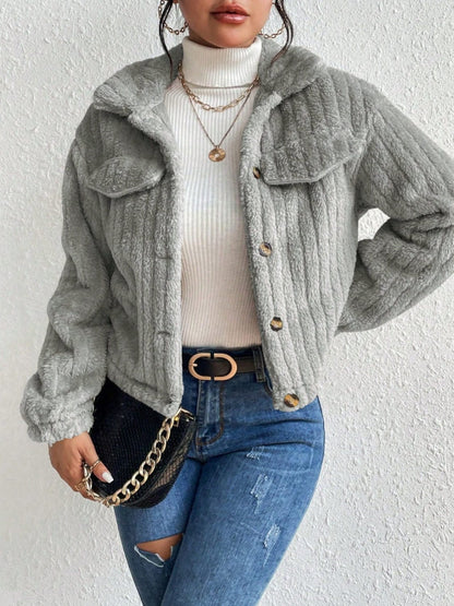 stylub Fuzzy Button Up Collared Neck Jacket