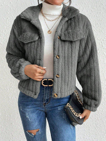 stylub Fuzzy Button Up Collared Neck Jacket