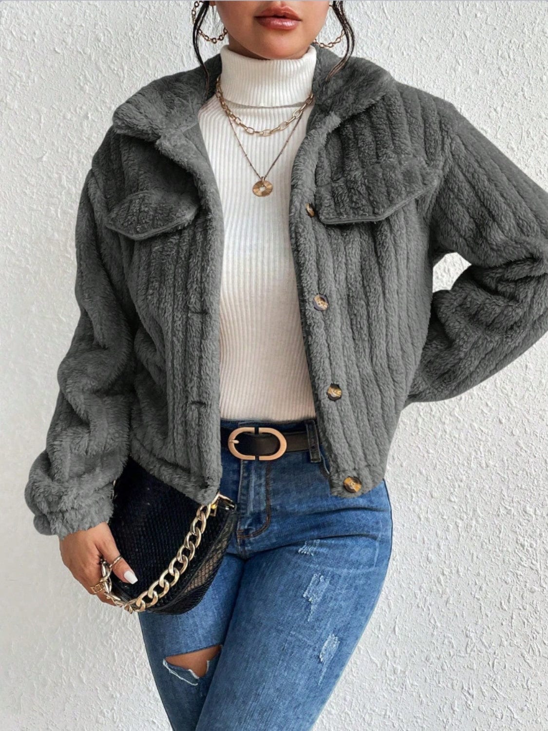 stylub Fuzzy Button Up Collared Neck Jacket