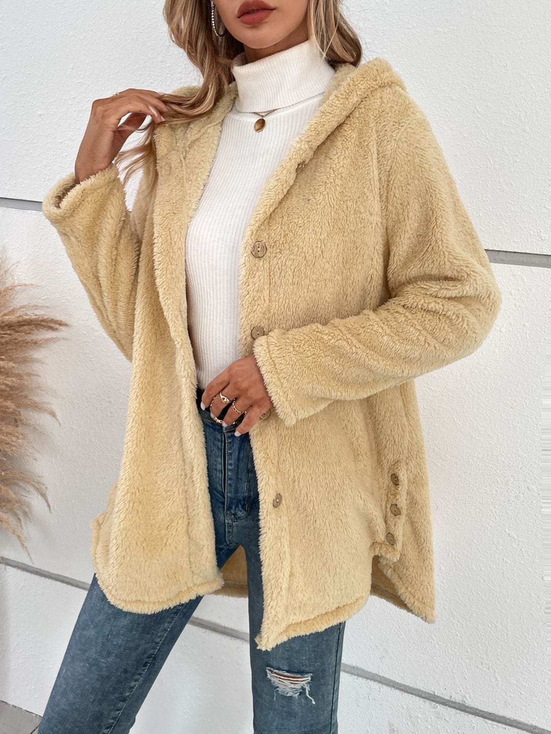 stylub Fuzzy Button Up Hooded Jacket