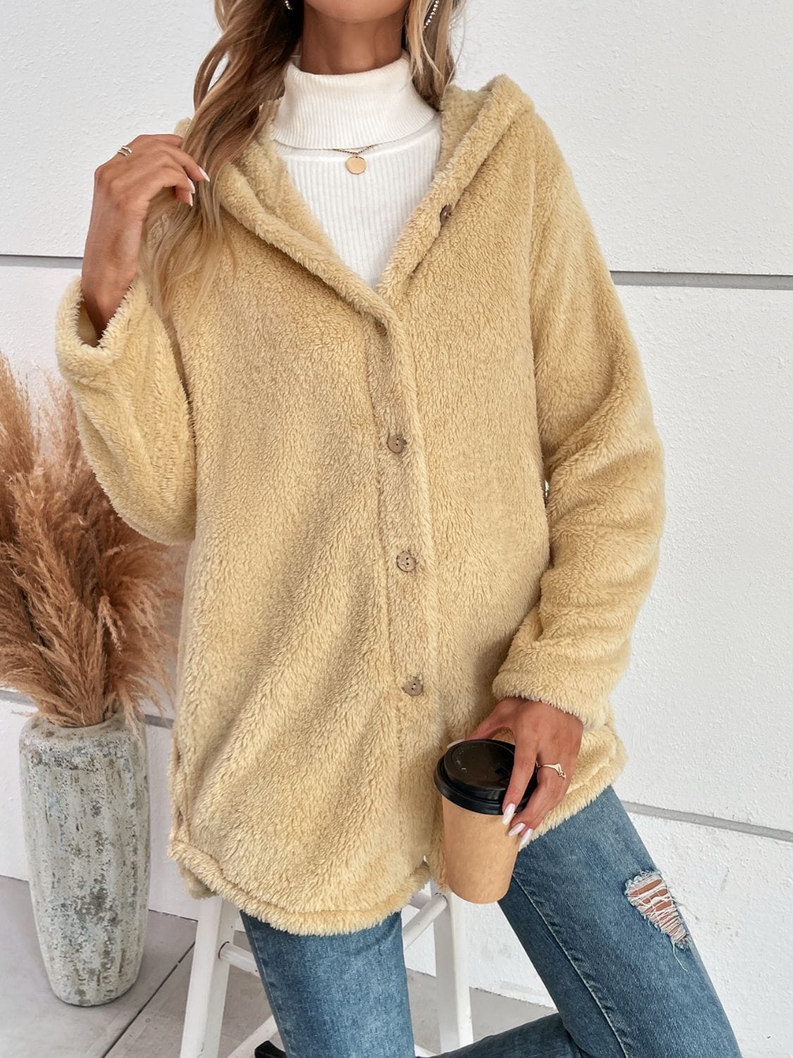 stylub Fuzzy Button Up Hooded Jacket