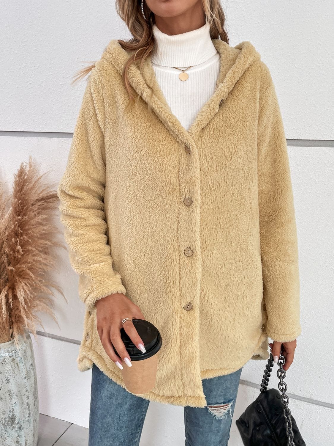 stylub Fuzzy Button Up Hooded Jacket