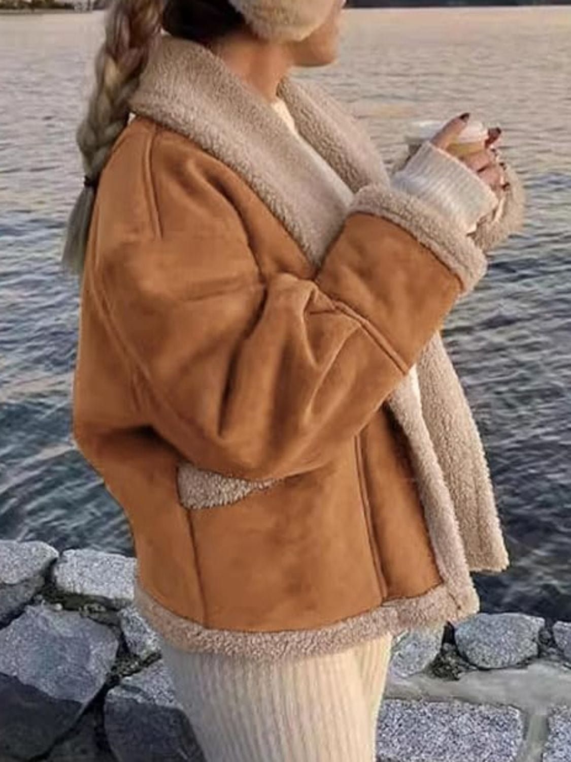 stylub Fuzzy Collared Neck Long Sleeve Jacket