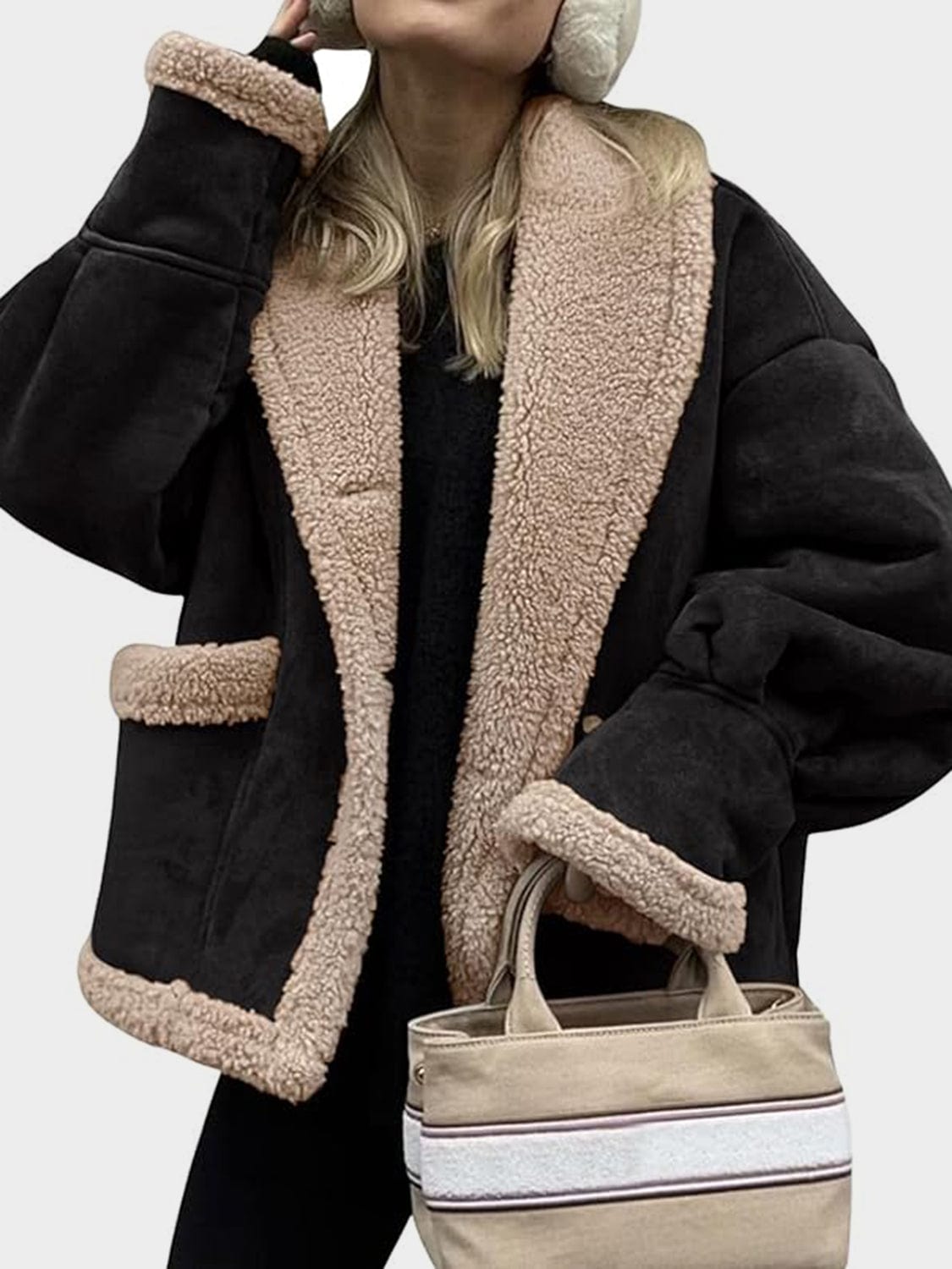 stylub Fuzzy Collared Neck Long Sleeve Jacket