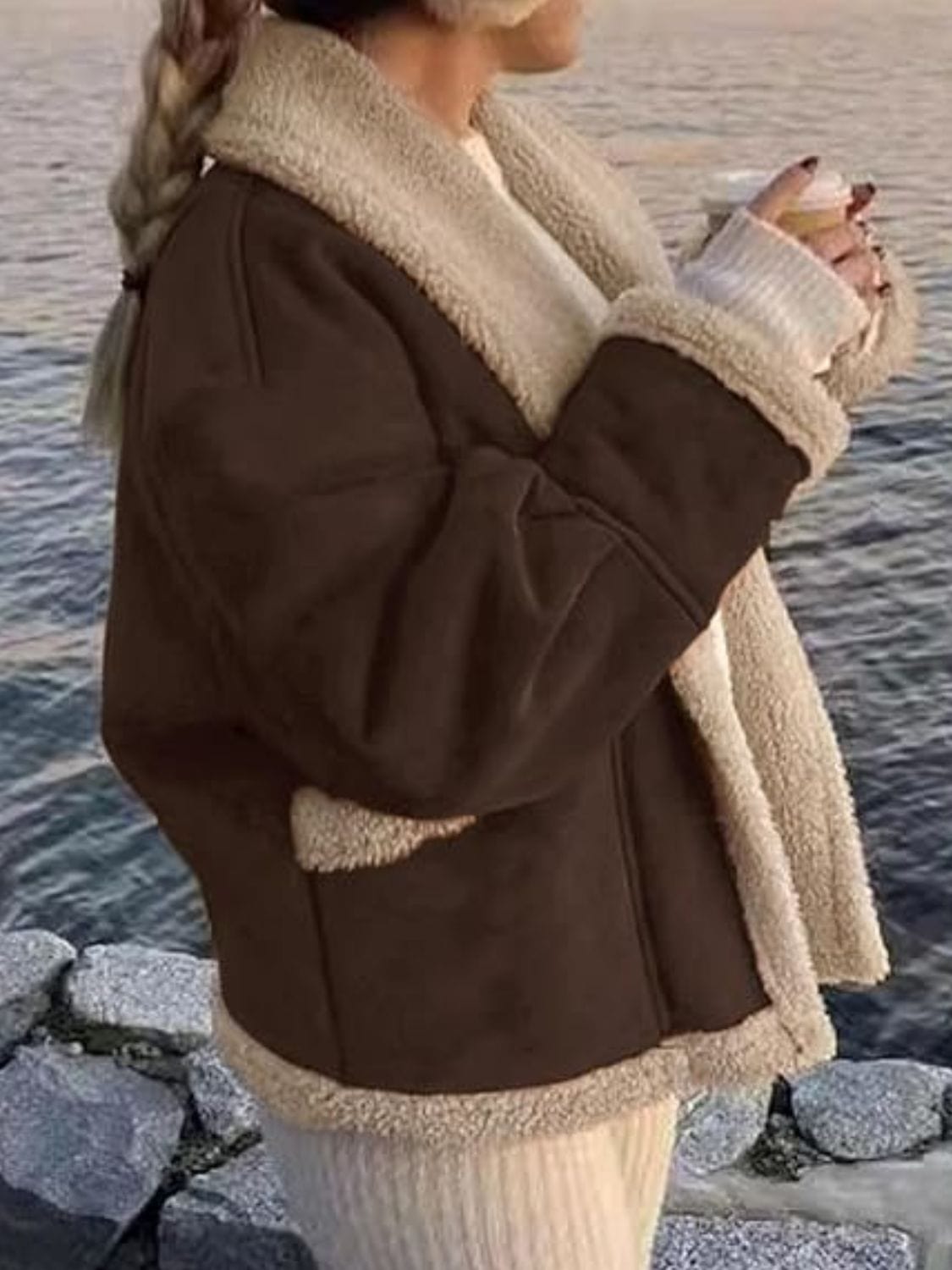 stylub Fuzzy Collared Neck Long Sleeve Jacket