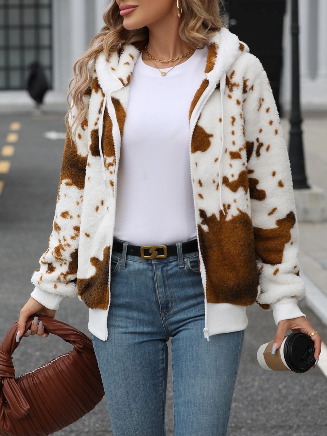 stylub Fuzzy Drawstring Zip Up Hooded Jacket