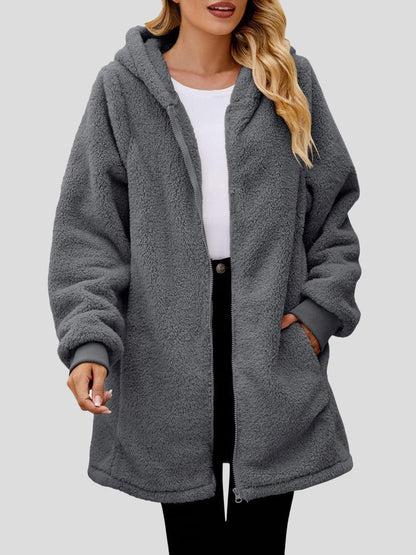 stylub Fuzzy Pocketed Zip Up Long Sleeve Hooded Jacket