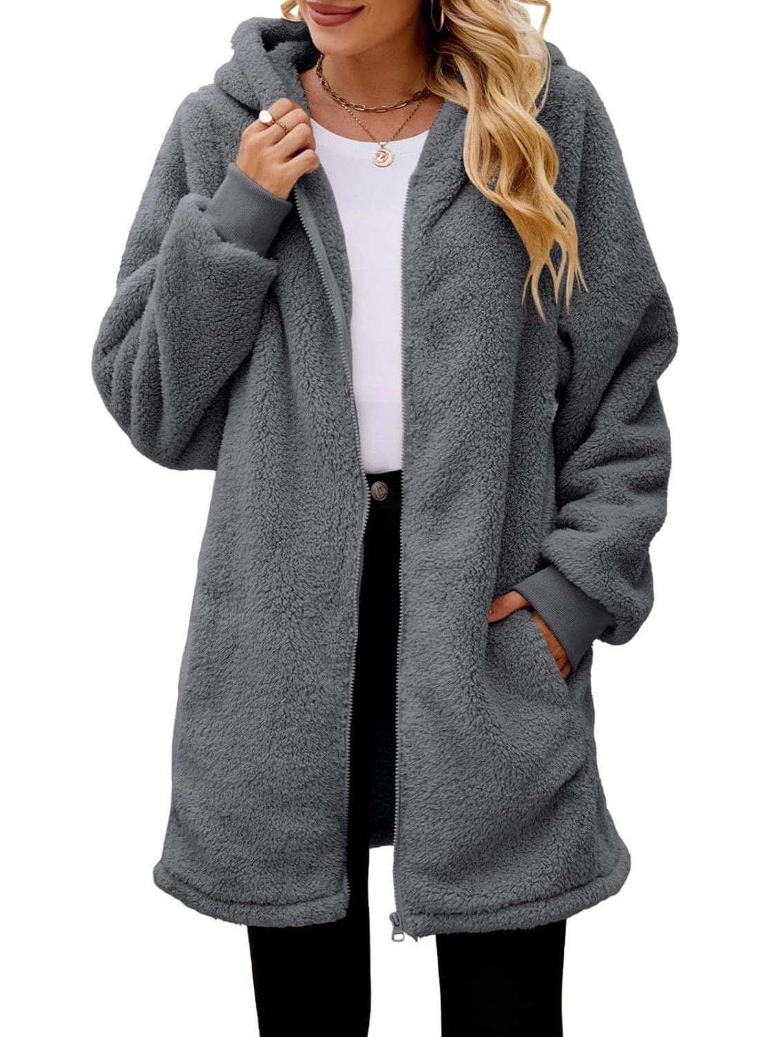 stylub Fuzzy Pocketed Zip Up Long Sleeve Hooded Jacket