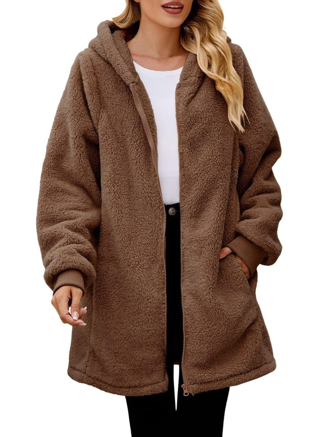 stylub Fuzzy Pocketed Zip Up Long Sleeve Hooded Jacket