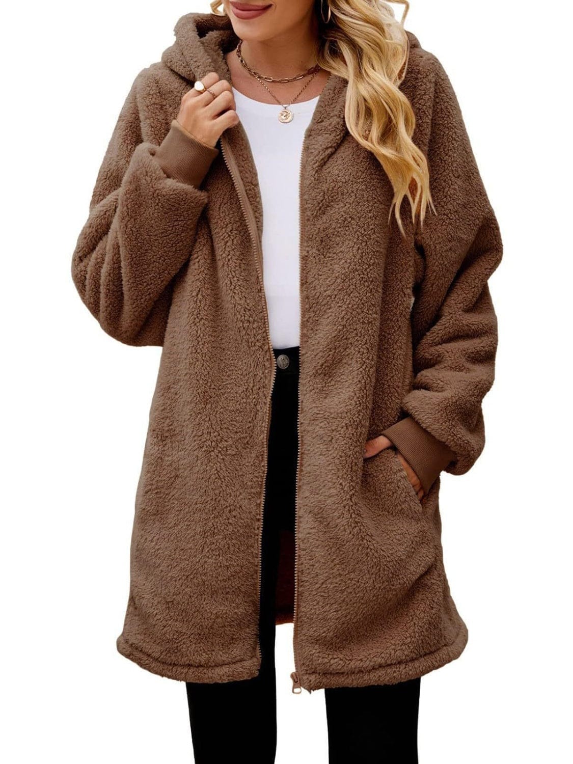 stylub Fuzzy Pocketed Zip Up Long Sleeve Hooded Jacket