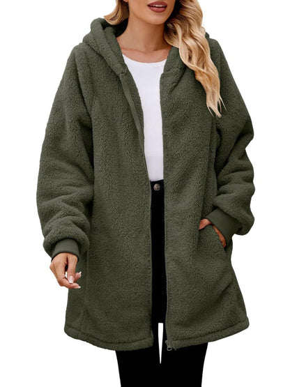 stylub Fuzzy Pocketed Zip Up Long Sleeve Hooded Jacket
