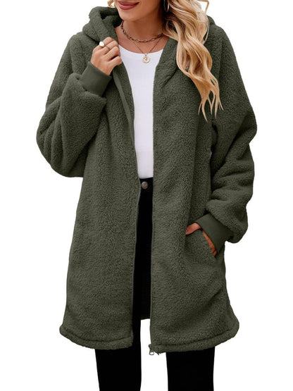 stylub Fuzzy Pocketed Zip Up Long Sleeve Hooded Jacket