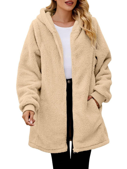 stylub Fuzzy Pocketed Zip Up Long Sleeve Hooded Jacket