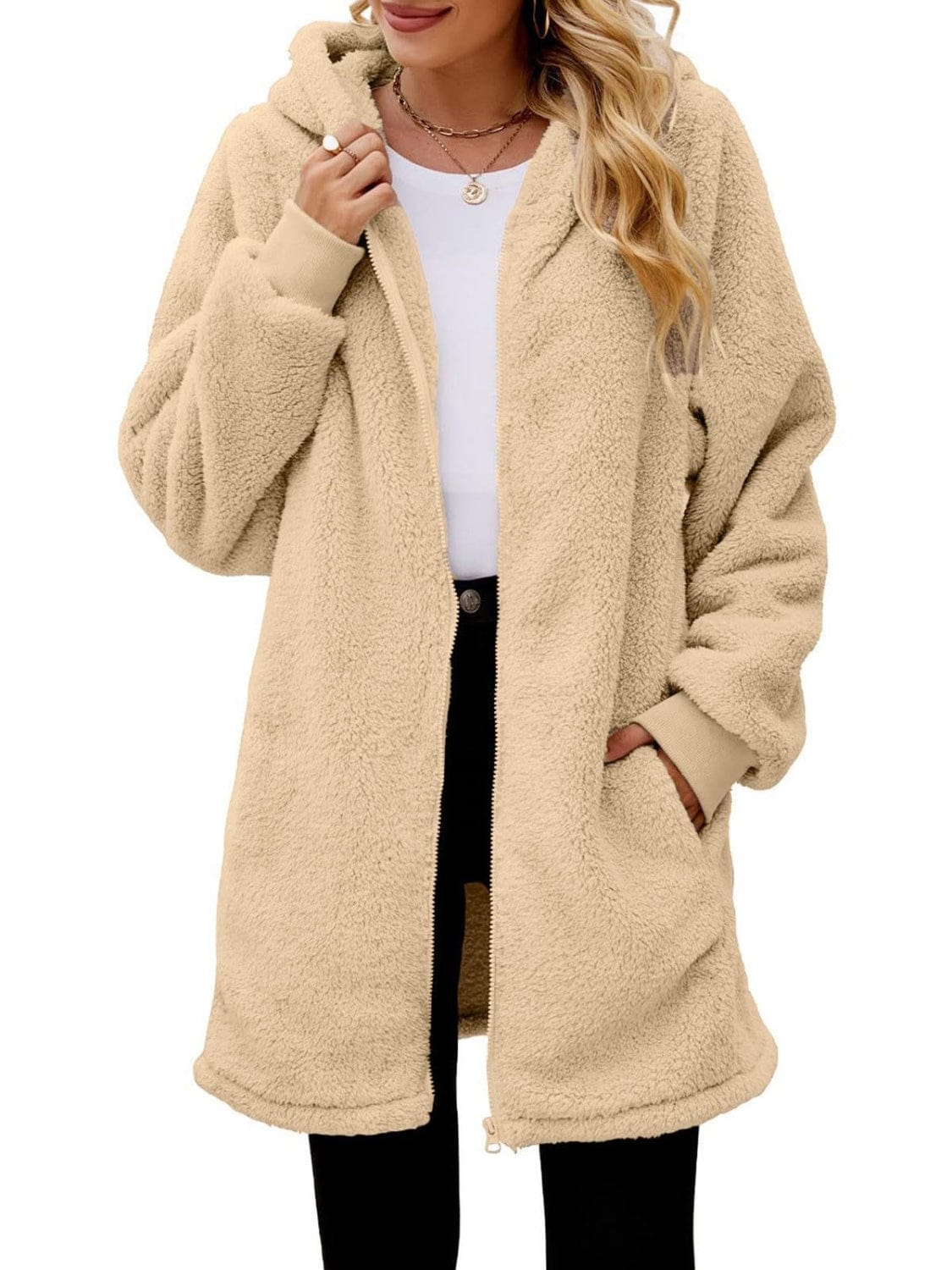 stylub Fuzzy Pocketed Zip Up Long Sleeve Hooded Jacket