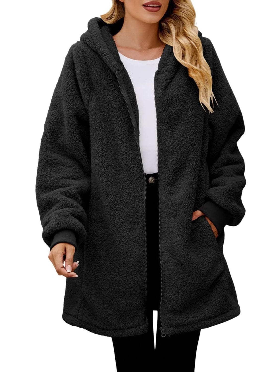 stylub Fuzzy Pocketed Zip Up Long Sleeve Hooded Jacket