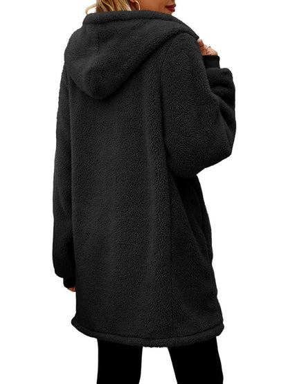 stylub Fuzzy Pocketed Zip Up Long Sleeve Hooded Jacket