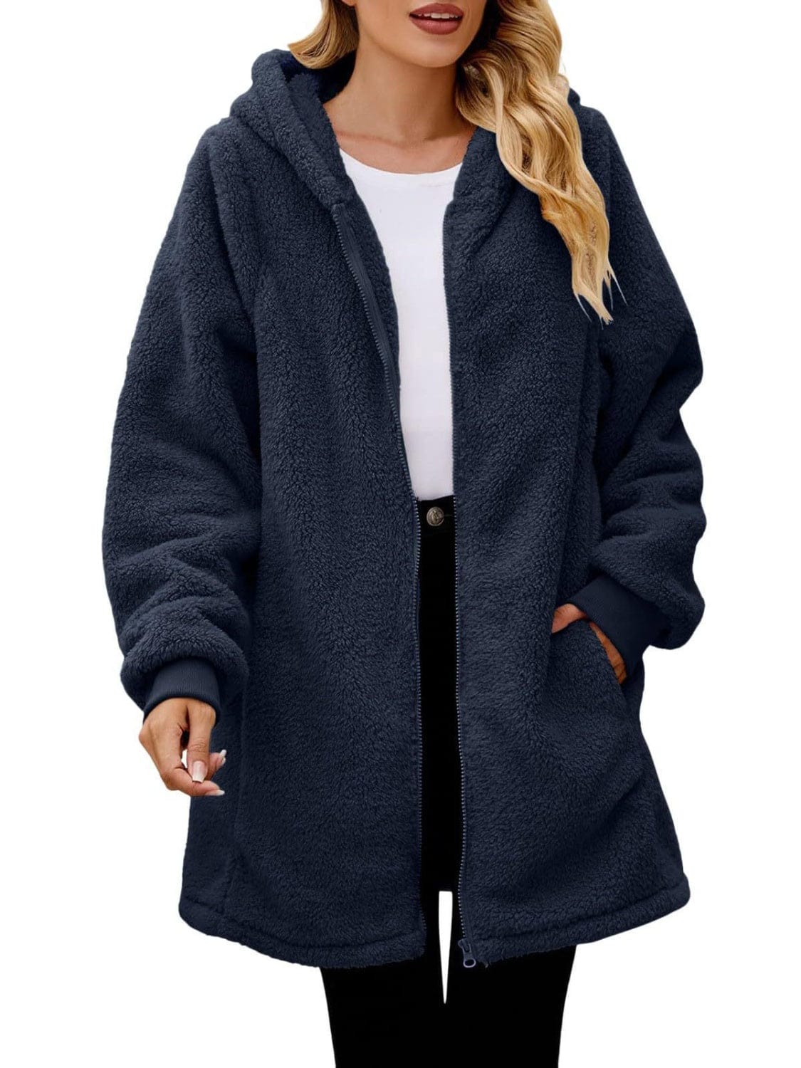 stylub Fuzzy Pocketed Zip Up Long Sleeve Hooded Jacket