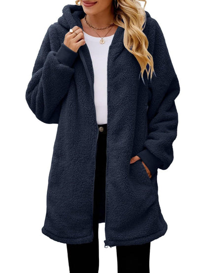 stylub Fuzzy Pocketed Zip Up Long Sleeve Hooded Jacket
