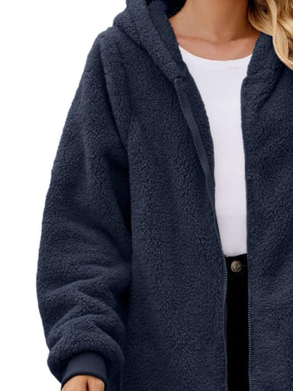 stylub Fuzzy Pocketed Zip Up Long Sleeve Hooded Jacket